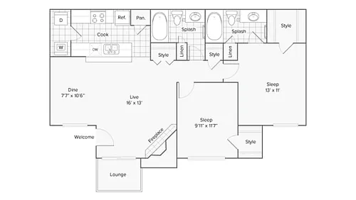 Floor plan 2 BR x 2 BA - A