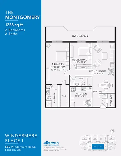 Floor plan Montgomery 2 Bed 2 Bath 2
