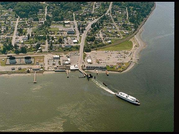 Aerial view of Mukilteo ferry landing at Light House Park in "Od Town"