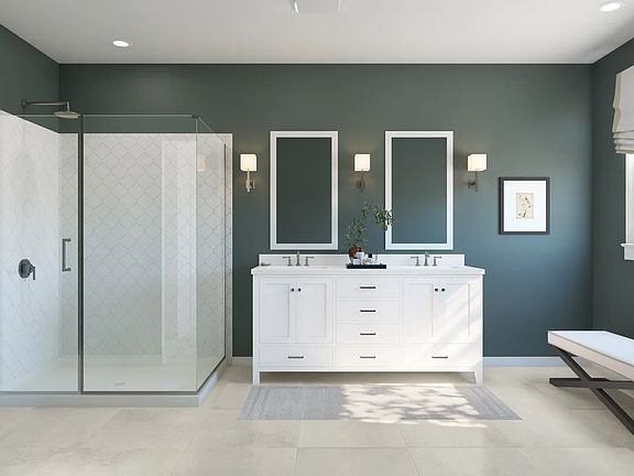 Primary bath with freestanding vanity