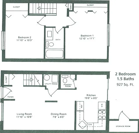 2 Bedrooms, 1.5 Bathrooms (927 Square Feet)