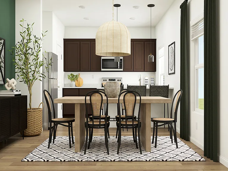 The dining room and kitchen.