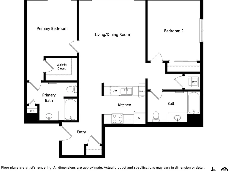 Elegant floor plan showcasing a spacious living/dining area, 2 bedrooms, modern kitchen, and primary bath with walk-in closet. Elegant floor plan showcasing a spacious living/dining area, 2 bedrooms, modern kitchen, and primary bath with walk-in closet.