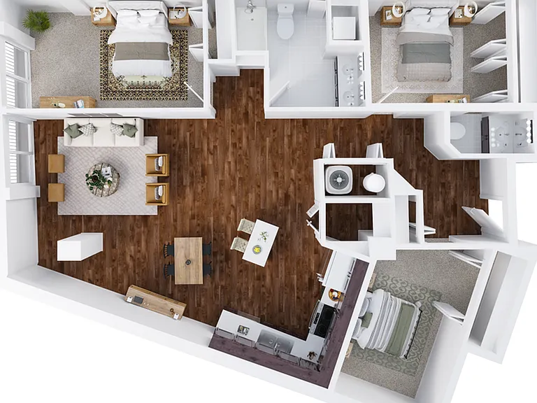 Two-Bedroom, One and 1/2-Bathroom with Den Floor Plan Rendering Two-Bedroom, One and 1/2-Bathroom with Den Floor Plan Rendering