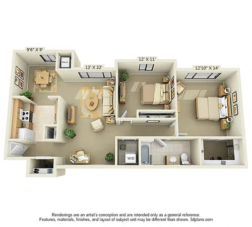 Floor plan 2 BR 1 BA - Style B