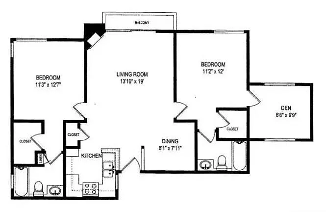 Floor plan 2 Bed, 2 Bath w/Den A