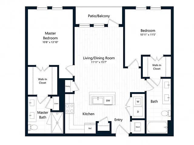 Floor plan Two Bedroom Two Bath (1028 SF)
