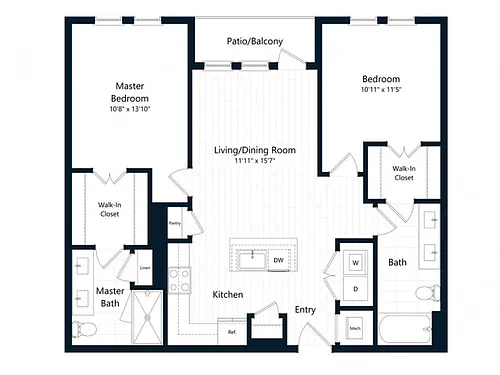 Floor plan Two Bedroom Two Bath (1028 SF)