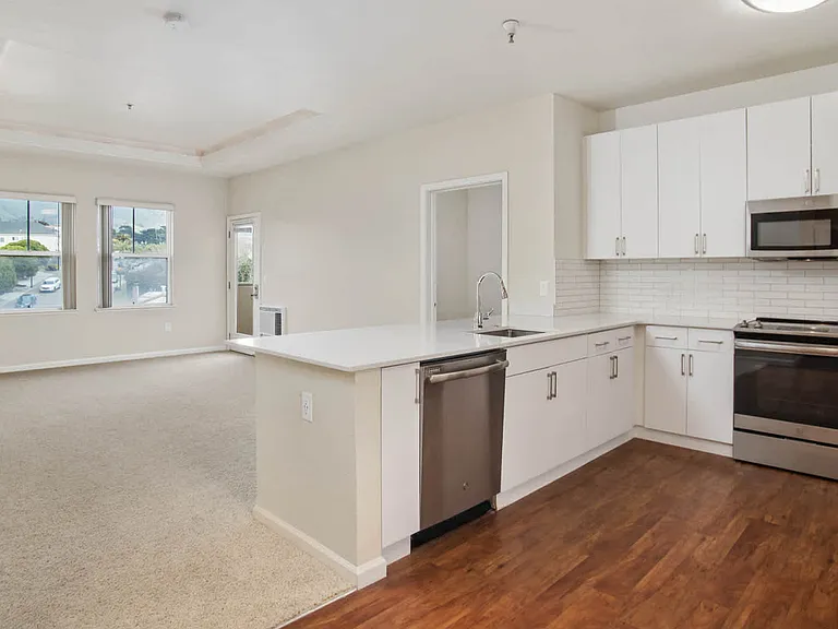 Kitchen with Stainless Steel Appliances and Carpeted Living Room