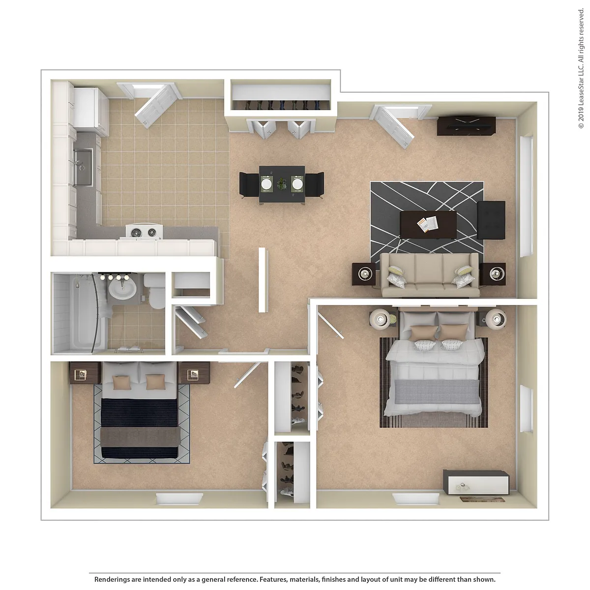 Floor plan 2 Bedroom, 1 Bath Mid