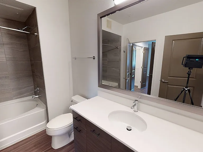 Apartment bathroom with wood-style flooring.
