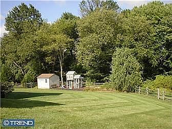 Private back yard with shed and Trex playhouse