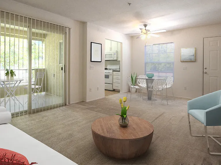 Carpeted Living Room with Balcony