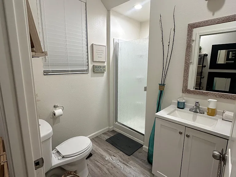 Clean full bath with a vanity sink, framed mirror, and a frosted glass shower enclosure with durable plank-style flooring.
