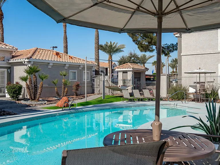 Enjoy a luxurious escape at Sedona Peaks with our resort-style pool, cozy loungers, and shaded seatingyour perfect oasis in the desert.