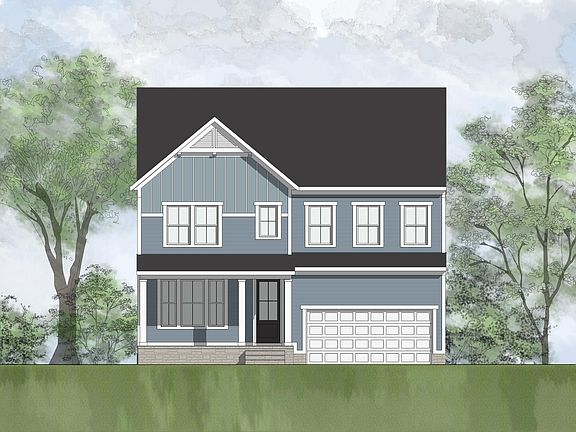 stone, siding, board and batten house with front porch