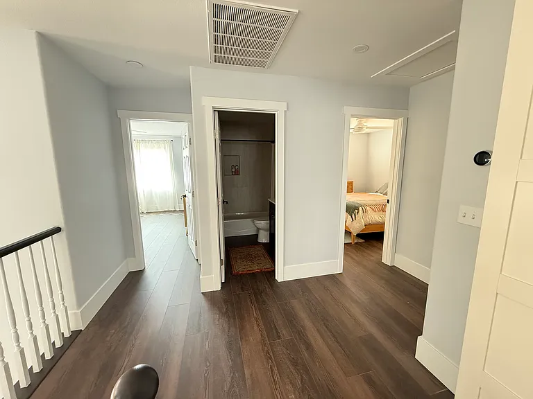 View of this room for rent (left), common area bath (middle) and guest bedroom (left)- the guest bedroom will typically remain empty.