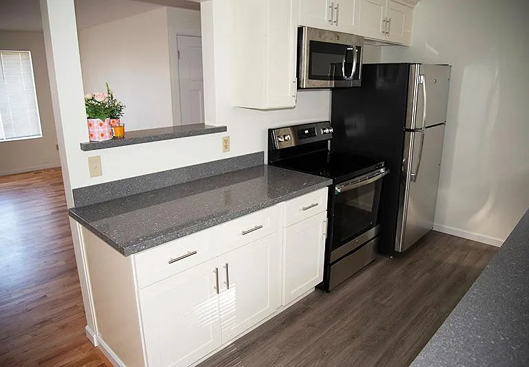 All-new kitchen featuring peek out with a shelf, new cabinets, new appliances. Beautiful quartz counter tops and large, deep sink