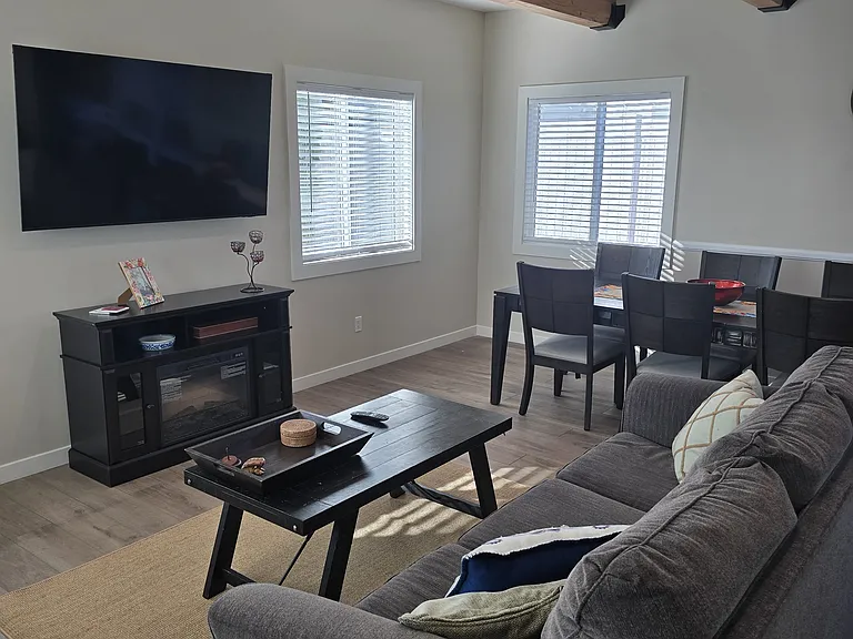Living room view with new TV - cable and wi-fi are connected
