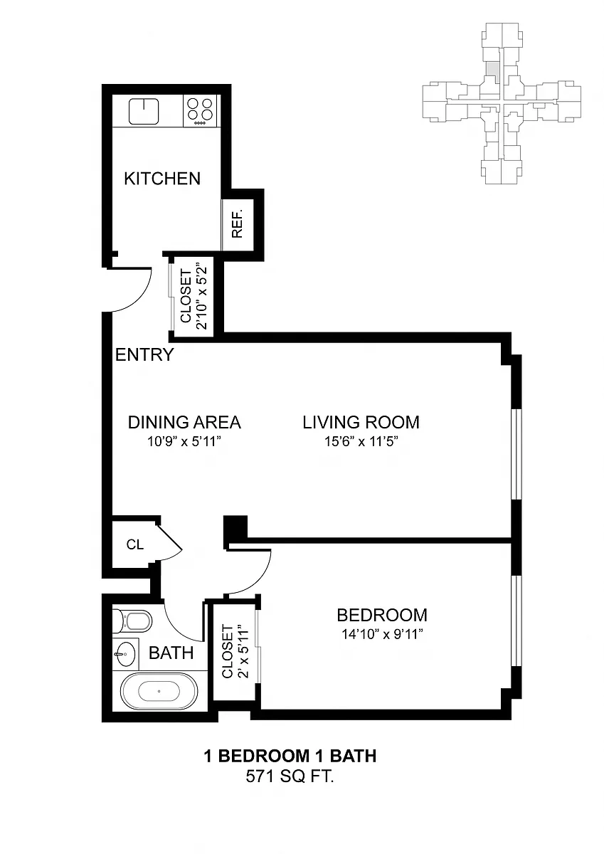 Floor plan 1 Bdrm 571 Sq Ft