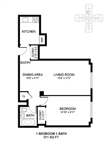 Floor plan 1 Bdrm 571 Sq Ft