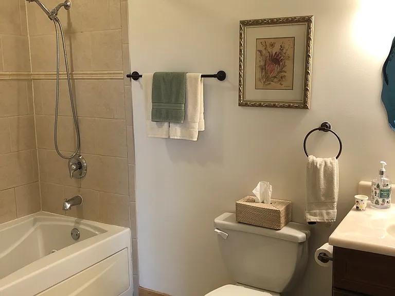 Second bathroom, off second bedroom -- large jetted tub, Italian tile tub surround and Italian tile floor.