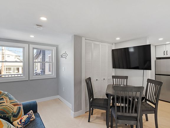 Closet to hang jackets, as well as a dining space for 4.