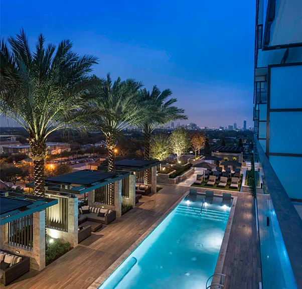 Elevated pool deck with private poolside cabanas