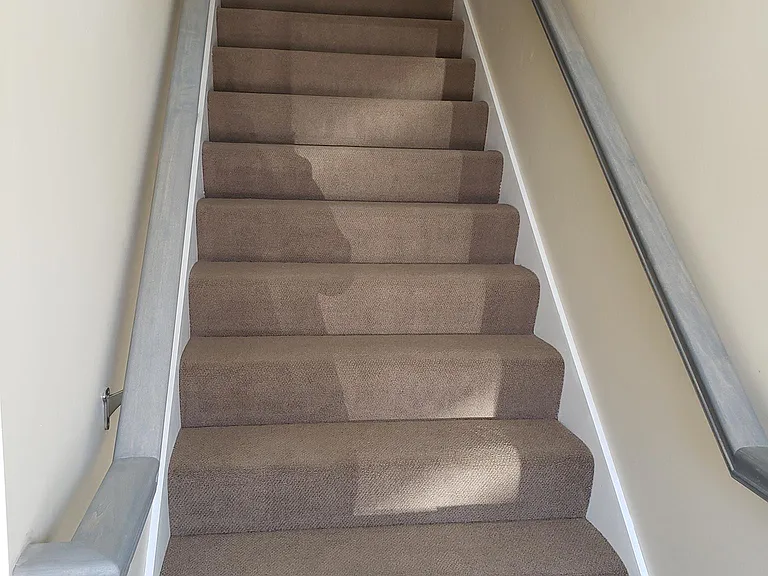 Enter Foyer leads straight up to Apt. #201 and #202. Double handrail. Upper hall at top of stairs with two windows.