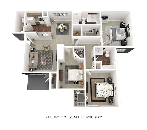 Floor plan Three Bedroom 2 Bath - 1,206 sqft
