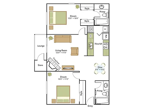 Floor plan 2 Bed, 2 Bath C