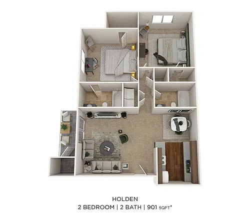 Floor plan Two Bedroom 2 Bath - 901 sqft
