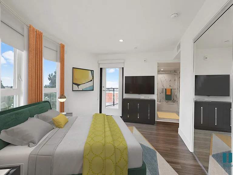 Modern Bedroom with a Bathroom, Mirrored Closet, and Patio