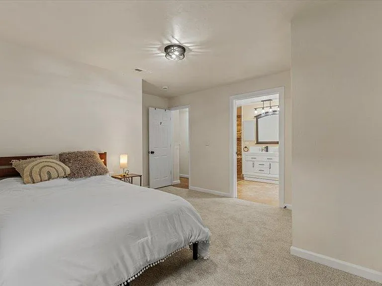 Spacious carpeted bedroom with a ceiling light and convenient access to an ensuite bath with a double-sink vanity.