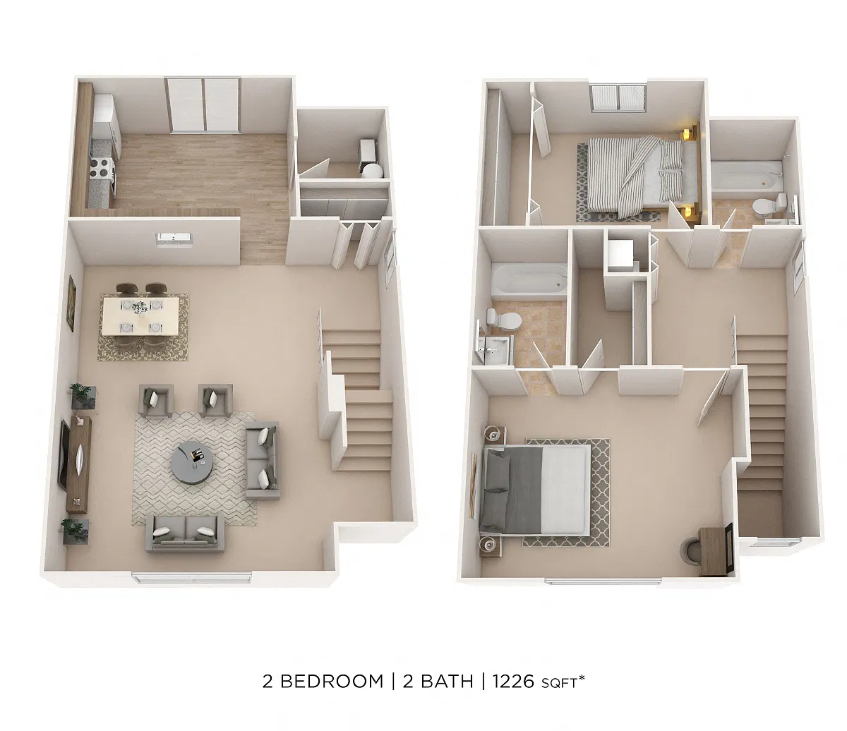 Floor plan Two Bedroom 2 Bath Townhome - 1,226 sqft