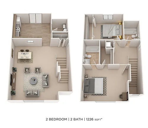 Floor plan Two Bedroom 2 Bath Townhome - 1,226 sqft