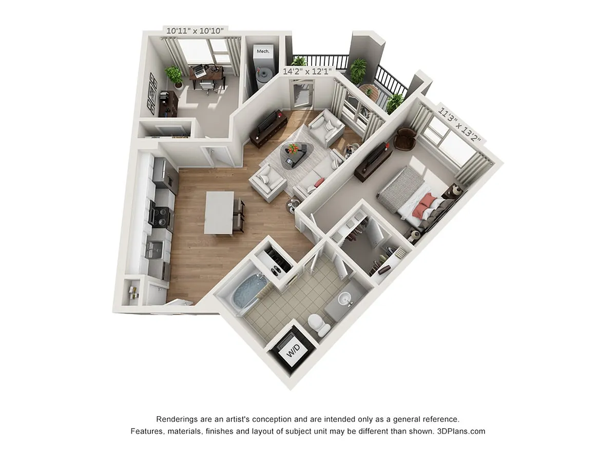 Floor plan 1-Bedroom 1-Bathroom w/ Den| 932 sqft
