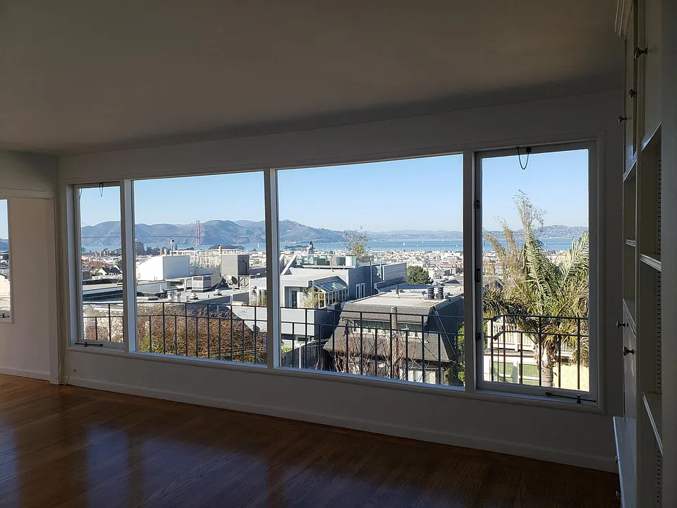 The view from the living room. The Golden Gate Bridge is in the background.
