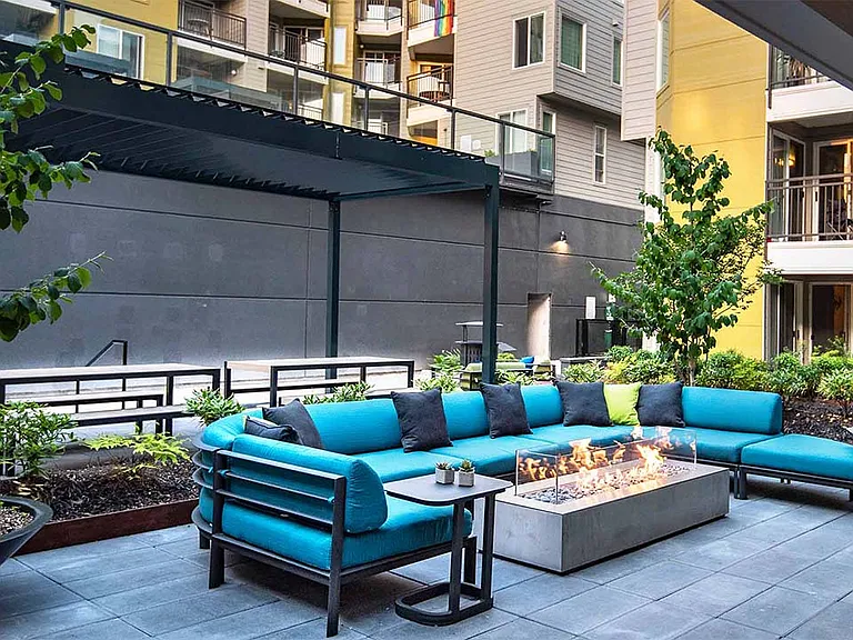 Apartment community outdoor fire pit at Griffis Belltown in Seattle, Washington.