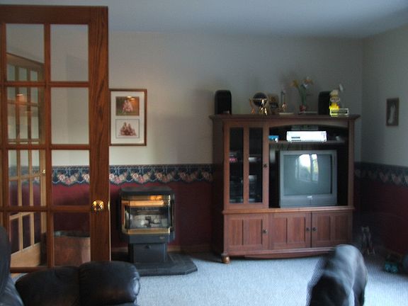 Family room with pellet stove