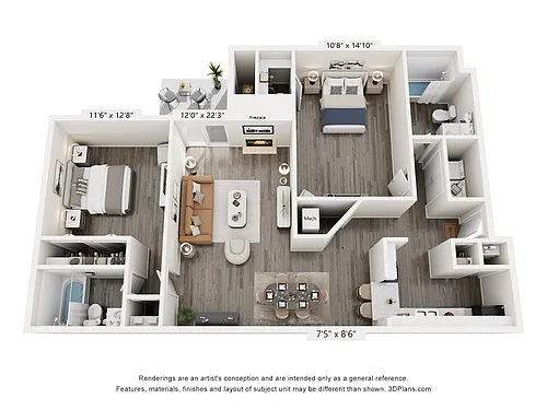 Floor plan Two Bed/Two Bath 1137 sq .ft.