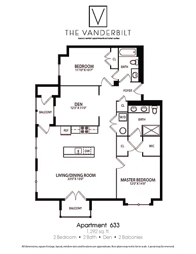 Floor plan 2 Bed - 2 Bath - Den - 2 Balconies