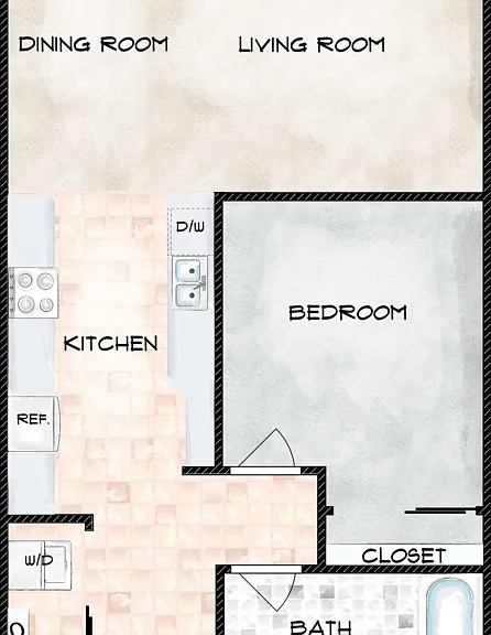 1 Bedroom 1 Bath A Floorplan Diagram