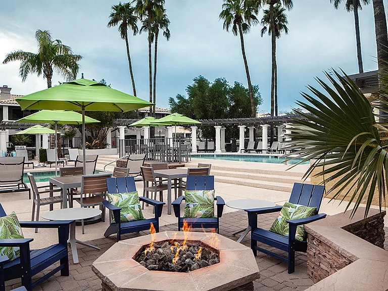 Poolside lounge with firepit