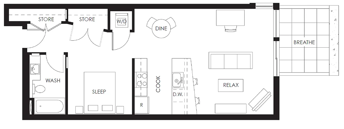 Floor plan 1x1 Open 648 698 sf