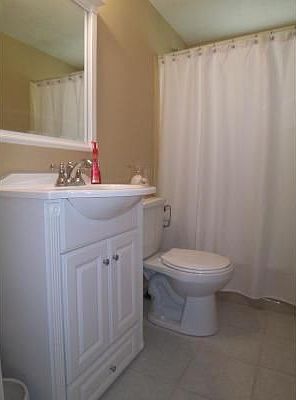 New floor, vanity, toilet.