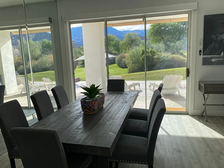 Dining room with gorgeous view of golf course and mountain range