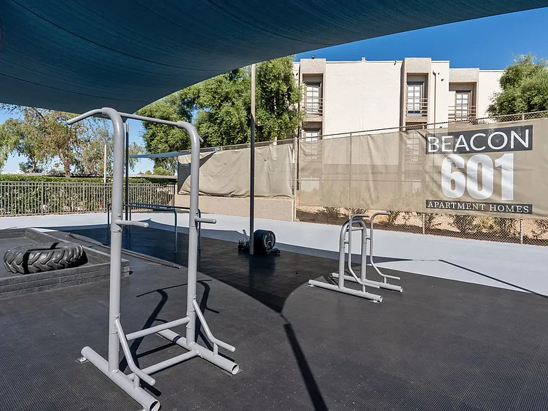 Stay cool in our outdoor fitness center with shade.