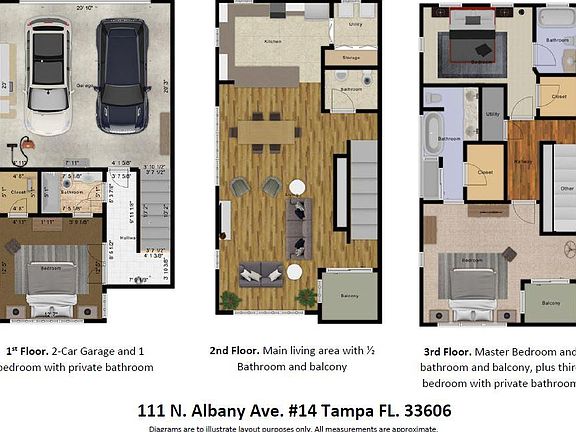 Floorplan, three-stories, 3 Bedroom, 3.5 Bathroom, 2 Balconies, 2-Car Garage