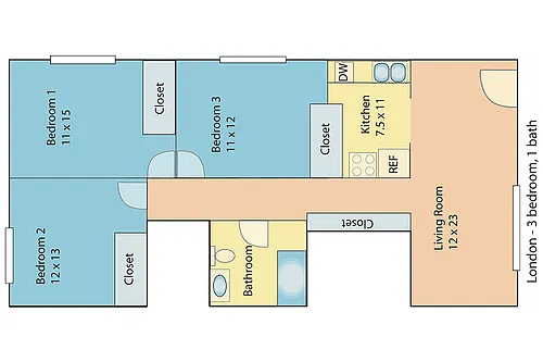 Floor plan 3 bed 1 bath Renovated
